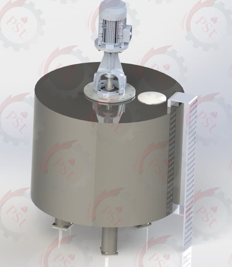 طرح‌بندی موتور، گیربکس و پروانه همزن صنعتی در بالای مخزن.