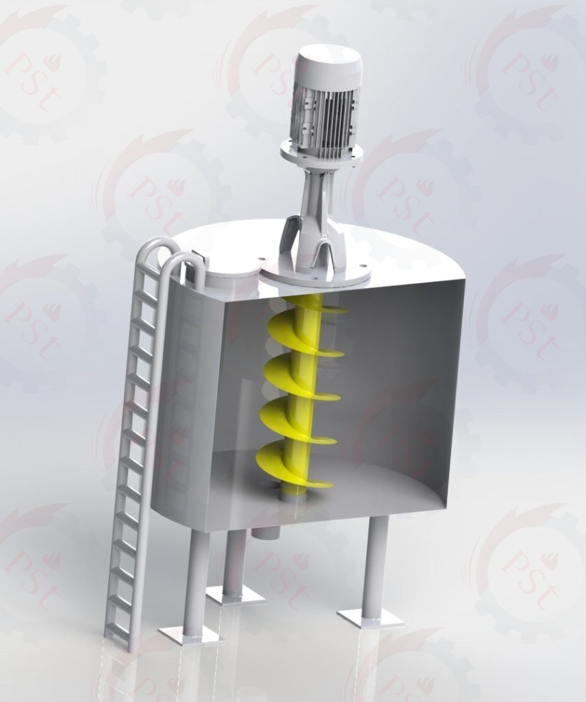 شماتیک نصب همزن در مخزن، نمایش موقعیت محور عمودی و صفحه انحراف دهنده (Baffle).